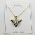 Golden necklace with a triangular evil eye pendant featuring teal pupil and white zircons - Inverted Triangle Style B / Pendant And Chain With Packaging