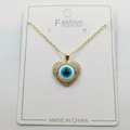 Golden heart necklace featuring a blue evil eye pendant with sparkling rhinestones - Blue White Heart Style G / Pendant And Chain With Packaging
