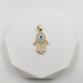 Goldener Hamsa-Hand-Anhänger mit blauem Auge des Bösen und Zirkonia-Steinen - Hamsa-Hand-Stil mit Strass (Augenstil J)