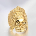 Anillo de calavera vintage chapado en oro con tocado de plumas indias estilo punk - US 7 / Color Oro Completo