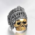 Anillo para hombre estilo indio con calavera dorada y plumas plateadas de acero inoxidable - US 7 / Bicolor (Oro y Plata)