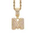Macro shot of gold letter M pendant with paved clear stones on a thick rope chain - 3mm*60cm / M Gold + Stainless Steel Rope Chain