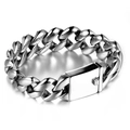Polished silver men's Cuban link chain bracelet with a heavy rectangular clasp - Steel