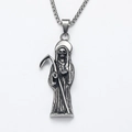 Detailed close-up of retro silver Grim Reaper pendant on a stainless steel box chain - Pendant Only / Steel Color Pendant Only (Without Chain)
