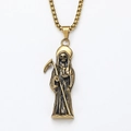 Detailed view of a gold Grim Reaper pendant with scythe and vintage pearl chain - Pendant Only / Gold Color Pendant Only (No Chain)