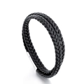 Double-layer braided black cowhide leather bracelet with silver metal buckle clasp - 21cm