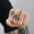 Vintage stainless steel compass signet ring for men with an antique silver matte finish - Size 6 / Oxidized Silver