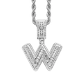 Macro shot of silver-colored iced out letter W pendant with baguette-cut cubic zirconia - 3mm*60cm / W Silver + Stainless Steel Rope Chain