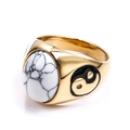 Men's gold stainless steel signet ring with white marble stone and yin yang design - US 7 / Gold (White Turquoise)