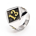 Detail view of mens stainless steel ring with golden number 13 on black square face - US 7 / Two-tone Gold and Silver