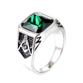 Men's punk Freemason ring in silver stainless steel with a square green gemstone inlay - Steel Base with Green Rhinestone