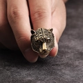 Men's punk tiger head ring in vintage gold finish, high quality stainless steel casting - US 7 / Gold