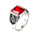 Men's silver steel Freemasonry ring with a large rectangular red zircon stone - Steel Base with Red Rhinestone