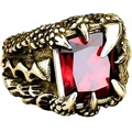 Detail of vintage eagle claw ring holding a large red rectangular gemstone in gothic style - Size 7 / Gold Enameled Red Zirconia