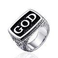 Men's punk stainless steel signet ring featuring silver GOD engraving and hammered texture - Steel