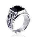 Bague vintage pour homme en acier inoxydable avec pierre noire carrée et gravures de dragon - Couleur Acier Zircon Noir