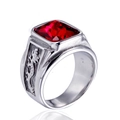 Bague homme en acier inoxydable avec relief de dragon et grand rubis carré argenté - Acier Zircon Rouge