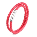 Double-layered red braided leather bracelet with a polished stainless steel cylinder clasp - 21cm / Red Leather