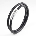 Men's double-wrap black braided leather bracelet with brushed steel magnetic clasp - 21cm / Black Leather