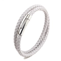 Double-wrap braided leather bracelet in light gray with polished stainless steel clasp - 21cm / White Leather