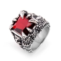 Men's gothic eagle claw ring with a square red gemstone in polished silver finish - US 7 / Red