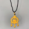 Detail of traditional Chinese gold pendant with bells and ruyi pattern on black cord - Longevity Lock Bell (X2184)