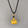 Matte gold longevity lock pendant with Fu character on a black braided cord necklace - Frosted Fu Lock (X2193)
