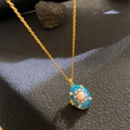 Retro sky blue enamel pendant necklace with pearl on gold chain over black stone - Sky Blue Enamel Pearl (W1017)
