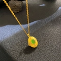 Vintage gold necklace with yellow enamel oval pendant and green gemstone inlay - Yellow Enamel Green Stone (W1020)