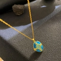 Vintage Egyptian style oval gold necklace with blue enamel and green cat's eye stone - Lake Blue Enamel Scarab (W1021)