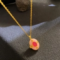 Vintage style oval pink enamel locket necklace with red gemstone and gold butterfly - Pink Enamel Red Gem Pendant (W1022)