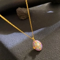 Golden necklace with a purple enamel oval pendant featuring a pearl floral pattern - Purple Enamel Pearl Floral (W1026)