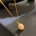 Gold-plated necklace with pink floral enamel oval locket and centered pearl inlay - Pink Purple Floral Pearl (W1029)