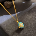 Gold vintage locket necklace with blue enamel, central pearl, and sunburst pattern - Blue Enamel Pearl Sunflower (W1030)
