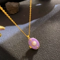 Vintage gold necklace with oval purple enamel pendant featuring star and pearl details - Purple Enamel Star Pearl (W1033)