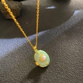 Retro golden locket necklace with light green enamel and centered freshwater pearl inlay - Pale Green Enamel Pearl Light (W1034)