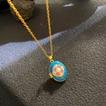 Vintage gold locket necklace with blue enamel flower and pearl on a fine chain - Lake Blue Enamel Purple Flower (W1036)