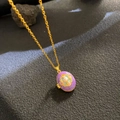 Golden locket necklace with purple enamel floral design and white pearl inlay - Purple Locket Floral Pearl (W1037)