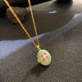 Vintage gold locket necklace with green enamel, flower pattern and center pearl detail - Pale Green Enamel Floral Pearl (W1038)