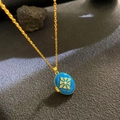 Vintage gold locket necklace with bright blue enamel, star motif and pearl detail - Bright Blue Enamel Star Pearl (W1040)