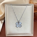 Silver four-leaf clover necklace with light blue cat eye stone and cubic zirconia inlay - Silver Cat's Eye Clover (Lip Chain)