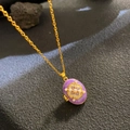 Vintage gold locket necklace with purple oval pendant and pearl floral details - Purple Locket Hollow Floral (W1049)