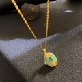 Vintage oval gold pendant necklace with green enamel, blue stone and pearl detail - Pale Green Enamel Blue Stone (W1053)