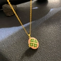 Vintage gold necklace with pink enamel oval pendant and green floral pearl detailing - Pink Enamel Green Flower (W1057)