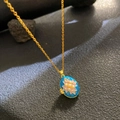 Vintage gold necklace with blue enamel egg pendant and pink floral pearl details - Blue Enamel Pearl Pink (W1059)