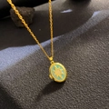 Golden oval locket necklace with mint green enamel, octagonal star, and white zircons - Mint Enamel Octagonal Star (W1061)