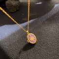 Golden necklace with purple enamel oval pendant featuring a diamond star design - Purple Enamel Gold Star (W1062)