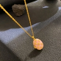Vintage gold oval locket necklace with pink enamel and floral pattern relief - Pink Locket 3D Pattern (W1067)