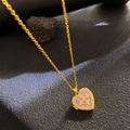 Locket necklace with heart-shaped gold frame and purple enamel with cross pattern - Heart Purple Cross Inlaid (W1069)