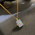 Retro book-shaped pendant necklace in light blue and purple with a golden chain - Blue Book Style Pendant (W1074)